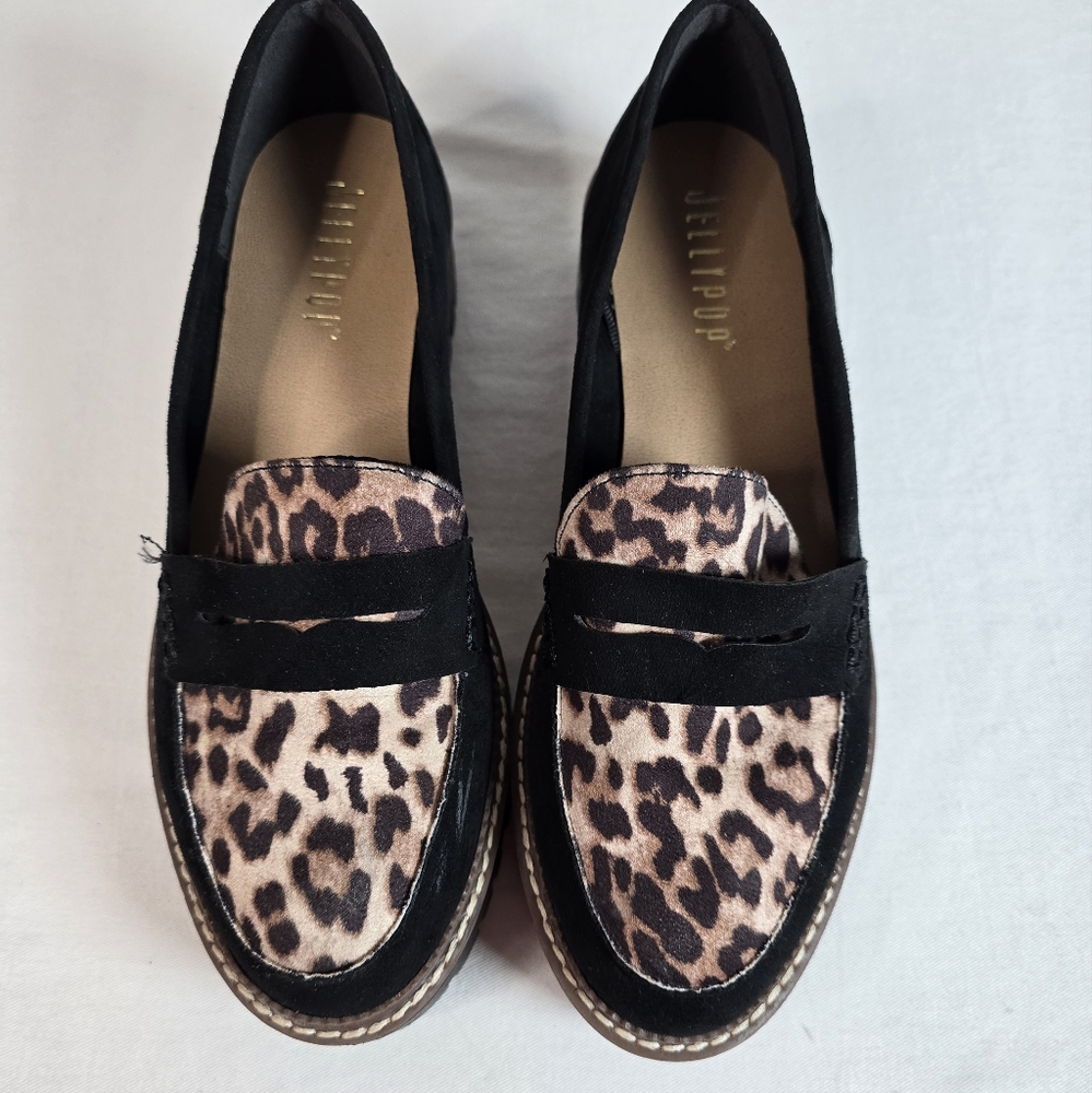 Jellypop "paris" women's slipon platform loafers size 8M black with animal print